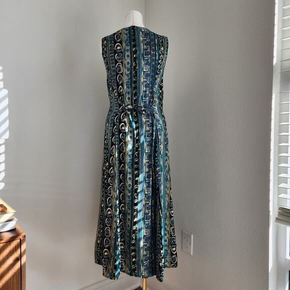 Vintage 90s Abstract Blue Green Sleeveless Midi Dress Criss Cross Neckline 12 - Picture 10 of 14